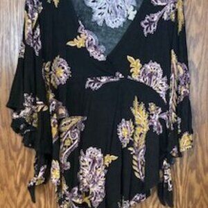 Free People - Black Top with Purple & Gold Paisley & Floral Print - Size Medium